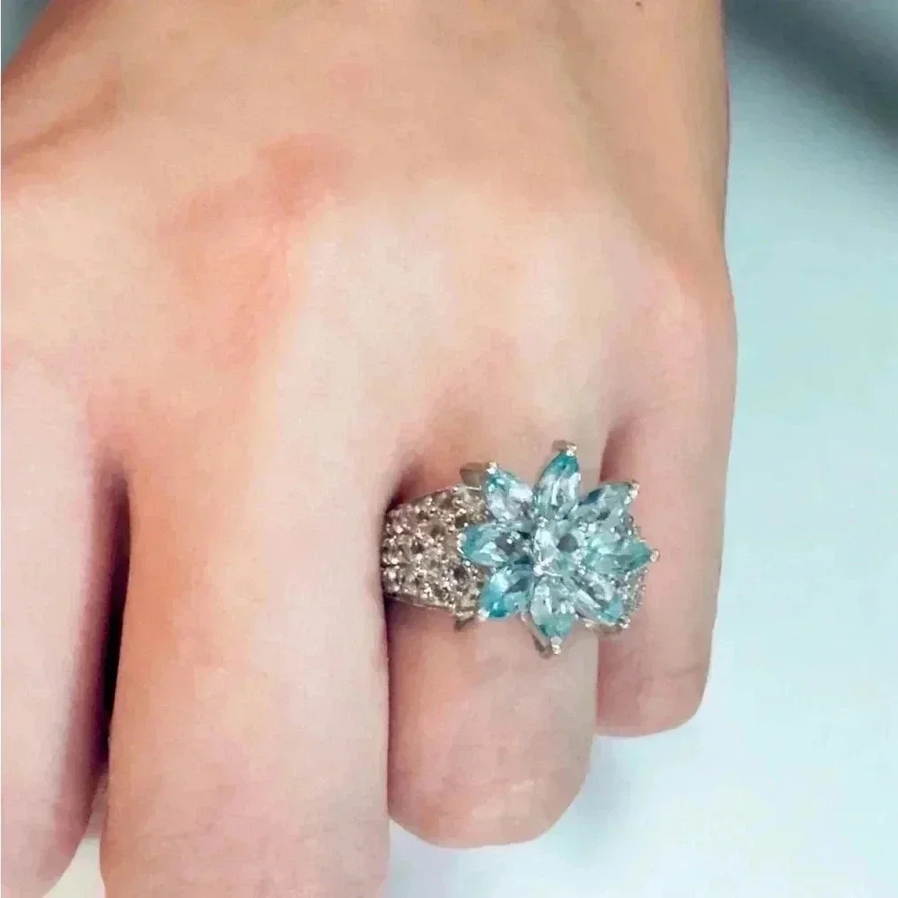 Aquamarine & White Topaz Platinum\Sterling Silver Ring (5.5)